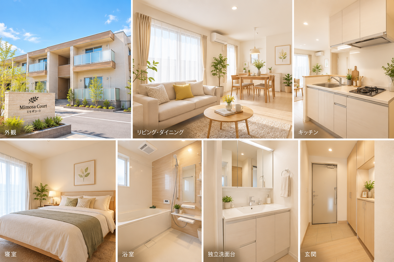 Mimosa Court 物件写真（外観・リビングダイニング・キッチン・寝室・浴室・独立洗面台・玄関）